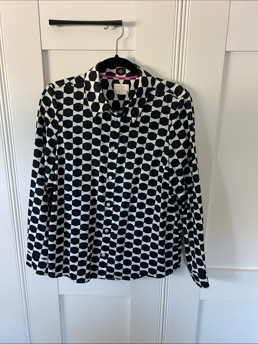 kate spade Black and White Geometric Blouse with Pink Trim
